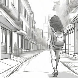 A unique and detailed sketched image of a girl with loose curls walking down the street with a backpack