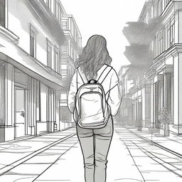 A unique and detailed sketched image of a girl with loose curls walking down the street with a backpack