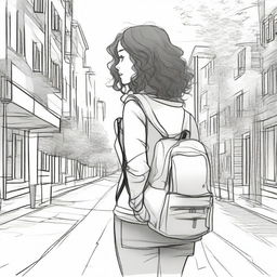 A unique and detailed sketched image of a girl with loose curls walking down the street with a backpack