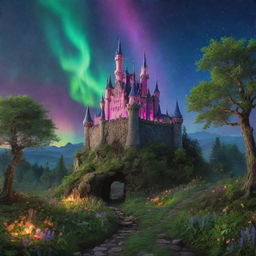 An enchanted forest with whimsical creatures, vibrant flora, magical light illuminations, and an ancient mystic castle in the backdrop under a lush aurora sky.