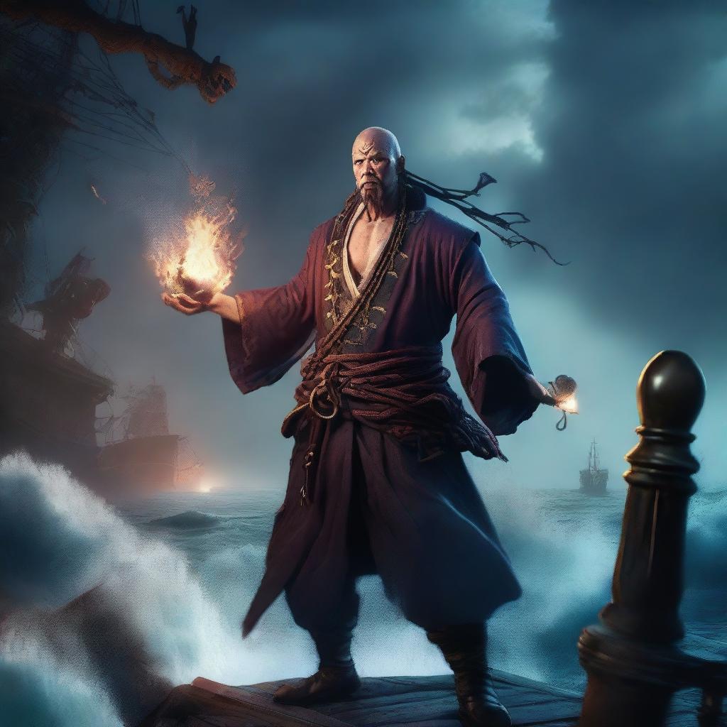 A scrawny, bald, and scruffy Chinese pirate warlock standing on the deck of a ship, casting a powerful spell to summon a massive kraken from the ocean