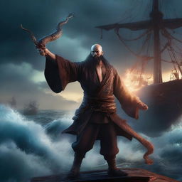 A scrawny, bald, and scruffy Chinese pirate warlock standing on the deck of a ship, casting a powerful spell to summon a massive kraken from the ocean