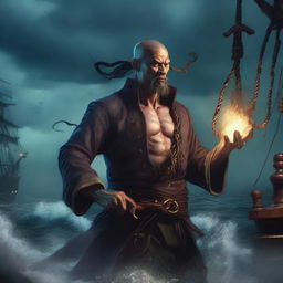 A scrawny, bald, and scruffy Chinese pirate warlock standing on the deck of a ship, casting a powerful spell to summon a massive kraken from the ocean