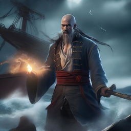 A scrawny, bald, and scruffy Chinese pirate warlock standing on the deck of a ship, casting a powerful spell to summon a massive kraken from the ocean