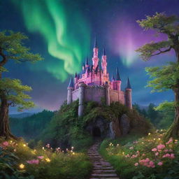 An enchanted forest with whimsical creatures, vibrant flora, magical light illuminations, and an ancient mystic castle in the backdrop under a lush aurora sky.