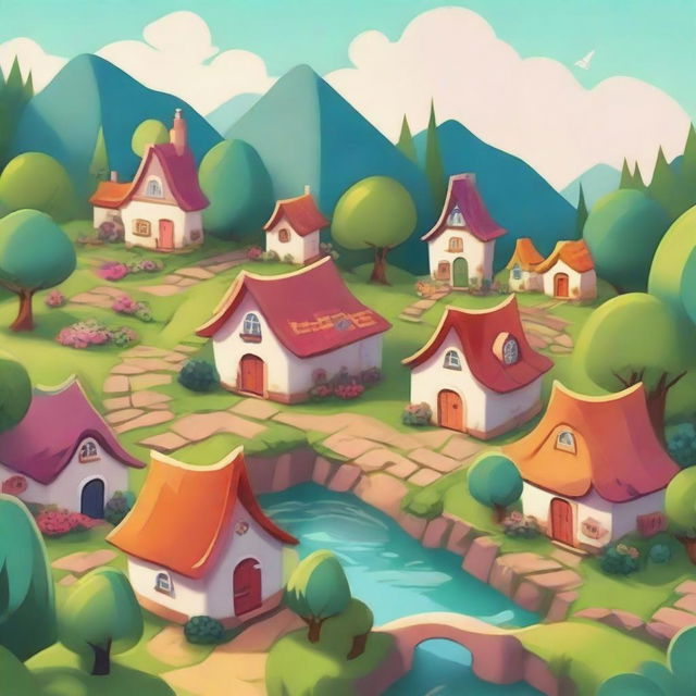 A cartoon-style village nestled in a lush forest