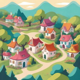 A cartoon-style village nestled in a lush forest