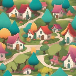 A cartoon-style village nestled in a lush forest