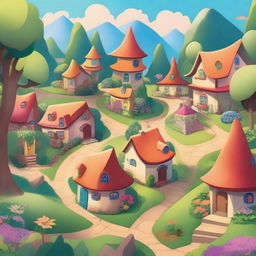 A cartoon-style village nestled in a lush forest