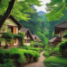 In a small village hidden in the middle of a lush forest, the village is surrounded by dense trees and vibrant greenery