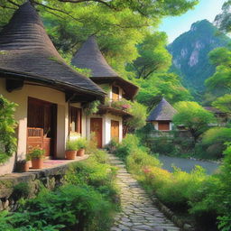 In a small village hidden in the middle of a lush forest, the village is surrounded by dense trees and vibrant greenery