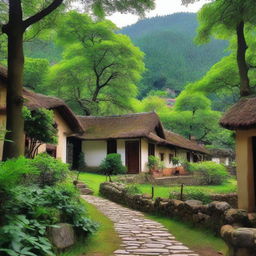 In a small village hidden in the middle of a lush forest, the village is surrounded by dense trees and vibrant greenery