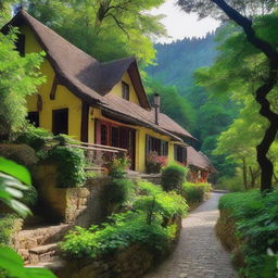 In a small village hidden in the middle of a lush forest, the village is surrounded by dense trees and vibrant greenery