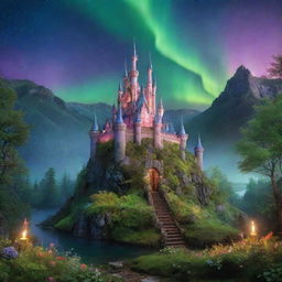 An enchanted forest with whimsical creatures, vibrant flora, magical light illuminations, and an ancient mystic castle in the backdrop under a lush aurora sky.