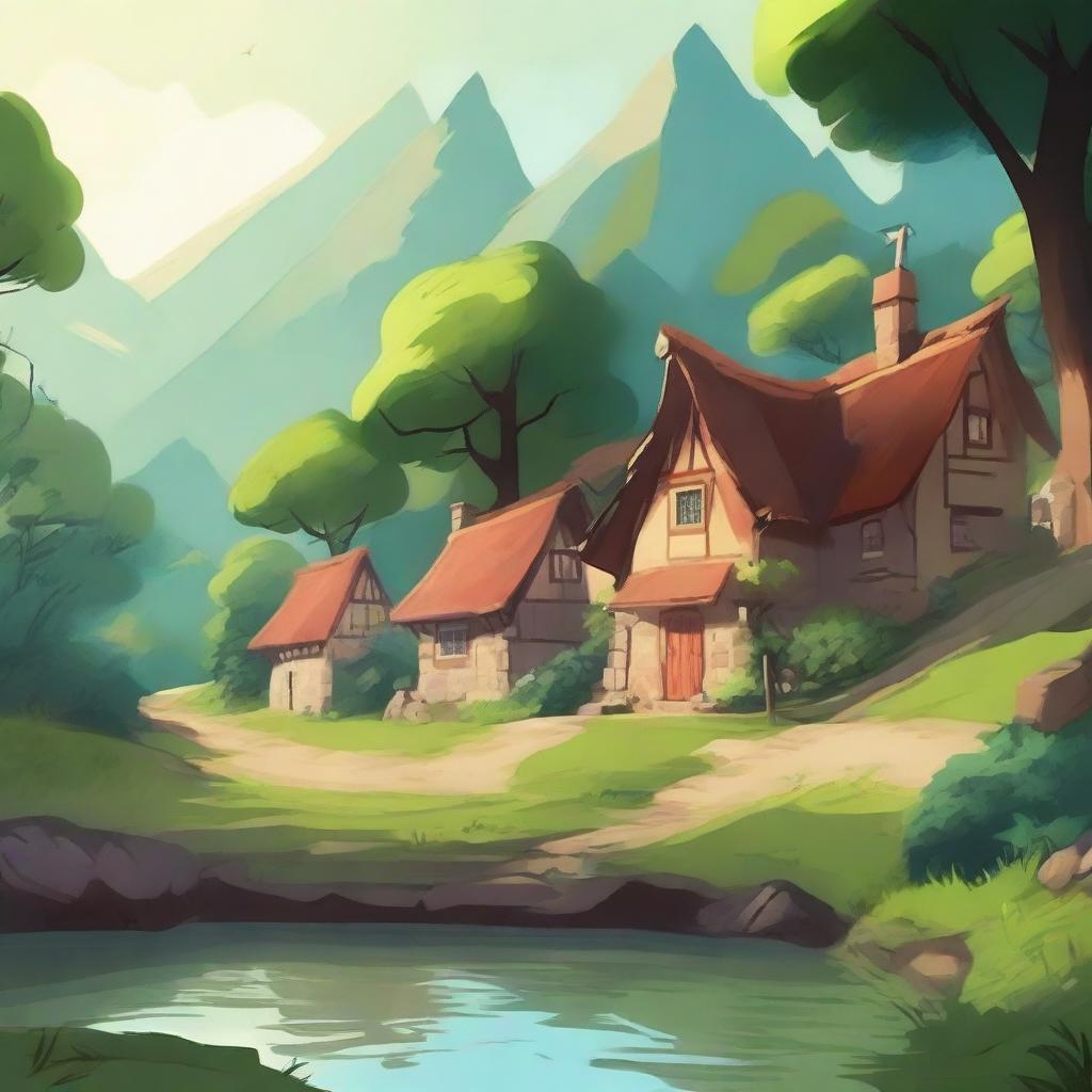 In a small village hidden in the middle of a lush forest, depicted in a 2D art style