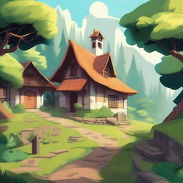 In a small village hidden in the middle of a lush forest, depicted in a 2D art style