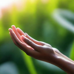 A delicate drop of dew resting on a woman's palm