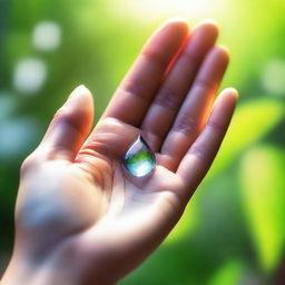 A delicate drop of dew resting on a woman's palm