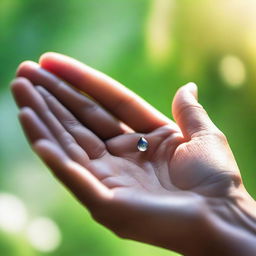 A delicate drop of dew resting on a woman's palm