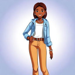 A cute teenage girl with brown skin, wearing a stylish outfit