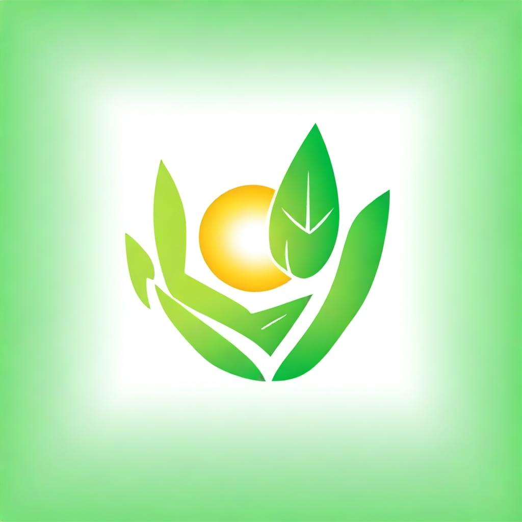 Design a logo for a solar product featuring a sun in the middle of two near-realistic green leaves with a white outline