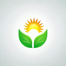 Design a logo for a solar product featuring a sun in the middle of two near-realistic green leaves with a white outline