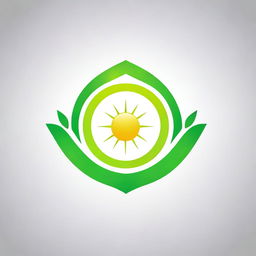 Design a logo for a solar product featuring a sun in the middle of two near-realistic green leaves with a white outline