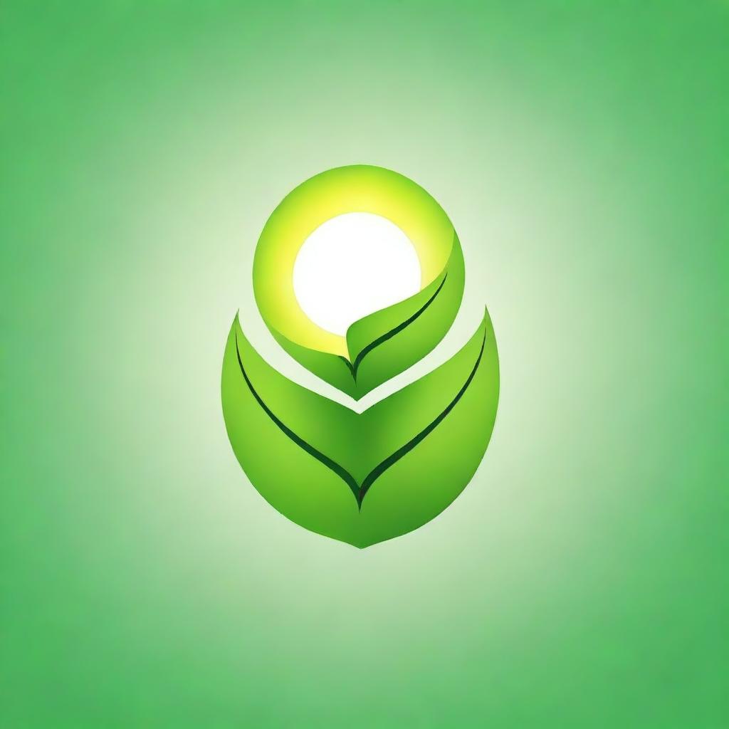 Create a logo for a solar product featuring a sun in the middle of two near-realistic green leaves with detailed leaf features