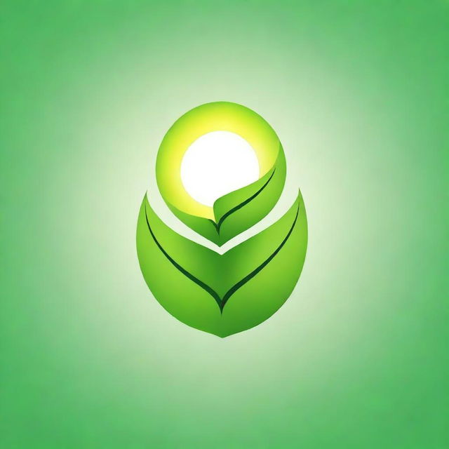 Create a logo for a solar product featuring a sun in the middle of two near-realistic green leaves with detailed leaf features