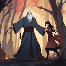 The old male wizard and the young girl wizard are fighting an evil demon