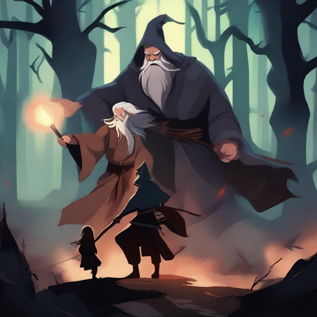 The old male wizard and the young girl wizard are fighting an evil demon