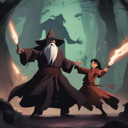 The old male wizard and the young girl wizard are fighting an army of demons