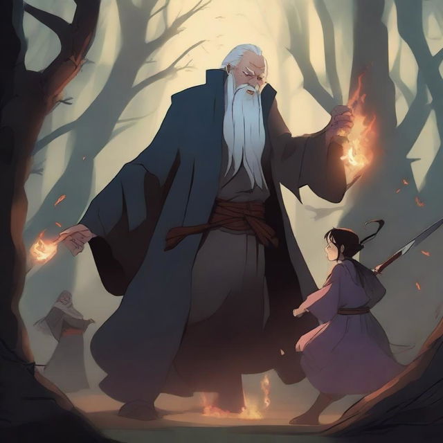 The old male wizard and the young girl wizard are fighting an army of demons