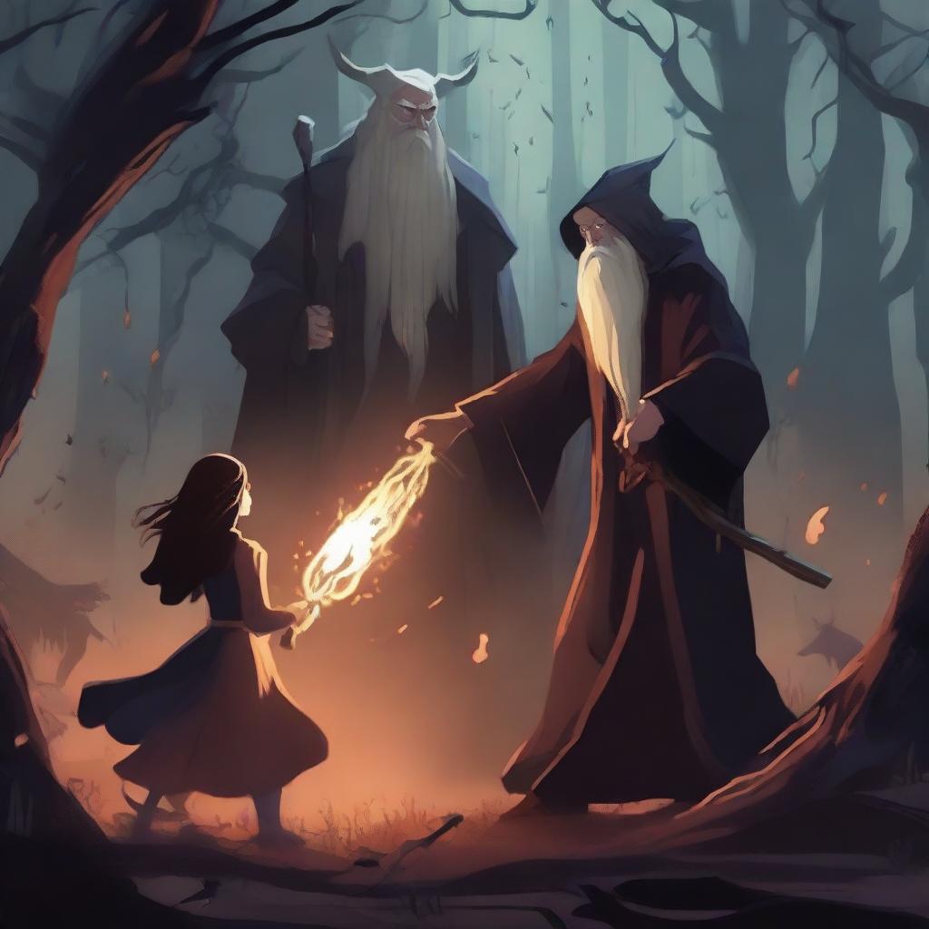 An old male wizard and a young girl wizard are fighting an army of demons