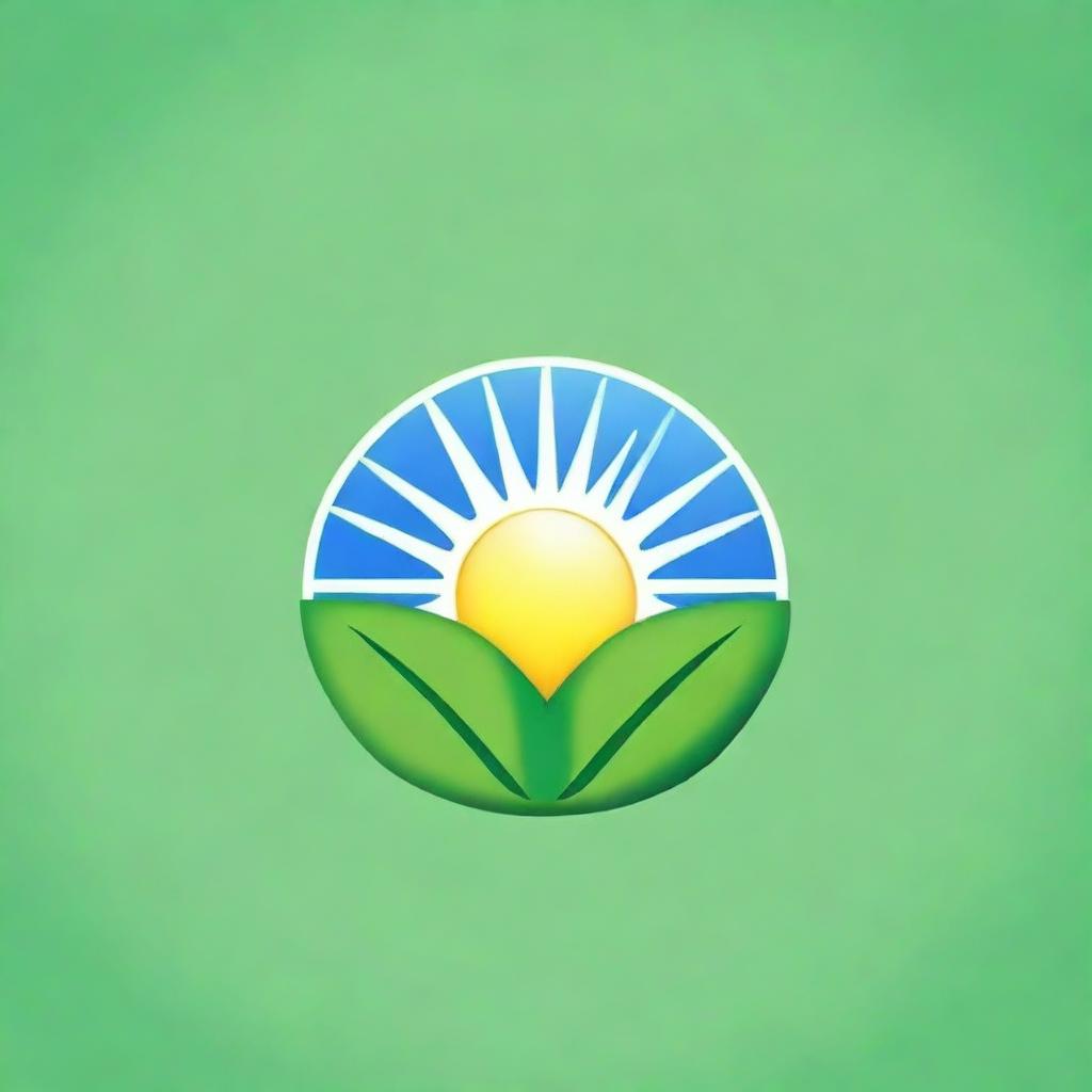 Design a logo for a solar product featuring a sun in the middle of two near-realistic green leaves with detailed leaf features