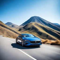 A detailed and realistic image of a modern car driving on a scenic mountain road with a clear blue sky in the background.