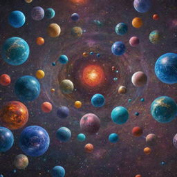 A spellbinding view of the multiverse, presenting an array of different universes, each distinguished by unique features and vibrant colors, encapsulating the concept of infinite realities.