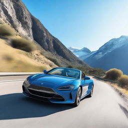 A detailed and realistic image of a modern car driving on a scenic mountain road with a clear blue sky in the background.