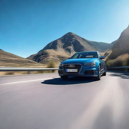 A detailed and realistic image of a modern car driving on a scenic mountain road with a clear blue sky in the background.