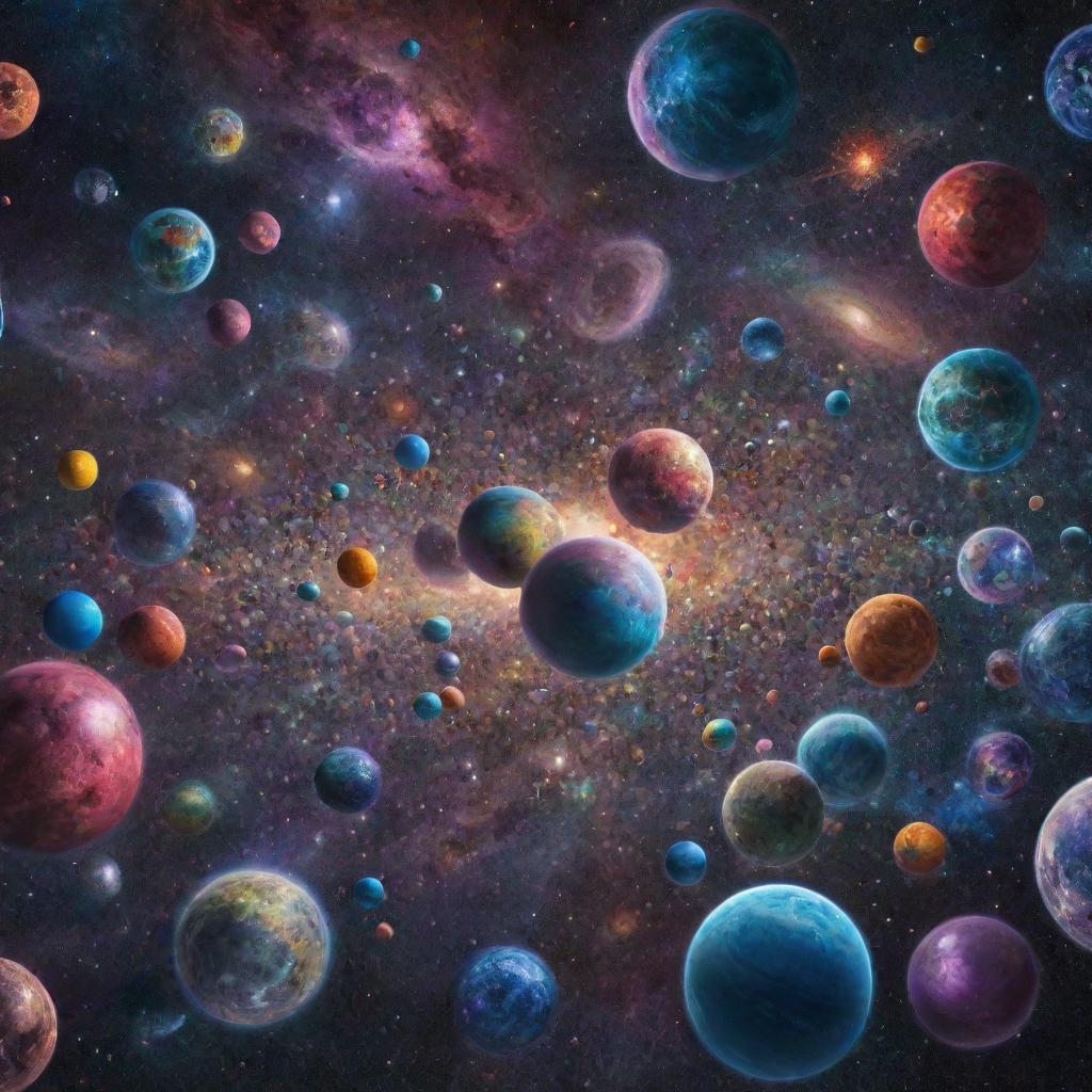 A spellbinding view of the multiverse, presenting an array of different universes, each distinguished by unique features and vibrant colors, encapsulating the concept of infinite realities.