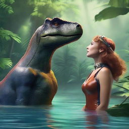 A romantic scene from a Jurassic world romance novel featuring a talking dinosaur king T-Rex and a human queen who is a diver