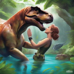 A romantic scene from a Jurassic world romance novel featuring a talking dinosaur king T-Rex and a human queen who is a diver