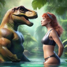 A romantic scene from a Jurassic world romance novel featuring a talking dinosaur king T-Rex and a human queen who is a diver