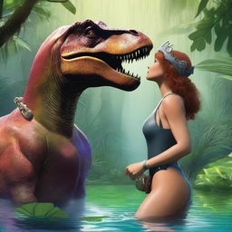 A romantic scene from a Jurassic world romance novel featuring a talking dinosaur king T-Rex and a human queen who is a diver