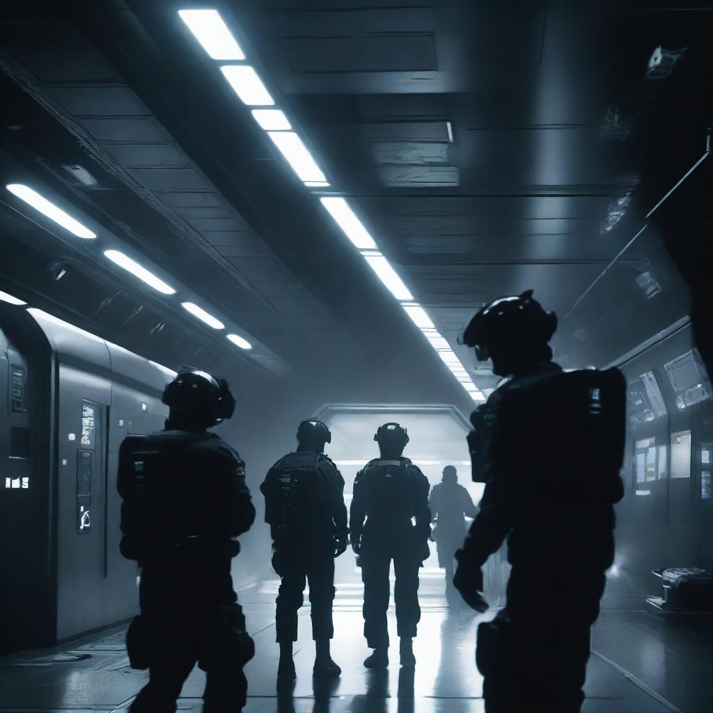 A dark interior of a space station being breached into and boarded by soldiers dressed in black