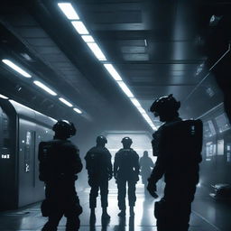 A dark interior of a space station being breached into and boarded by soldiers dressed in black