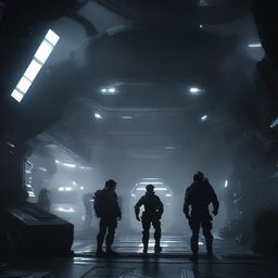 A dark interior of a space station being breached into and boarded by soldiers dressed in black