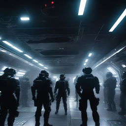 A dark interior of a space station being breached into and boarded by soldiers dressed in black