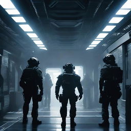 A dark interior of a space station being breached into and boarded by soldiers dressed in black