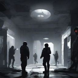 An illustration of a dark interior of a space station being breached through a wall, with soldiers dressed in black coming in through the hole